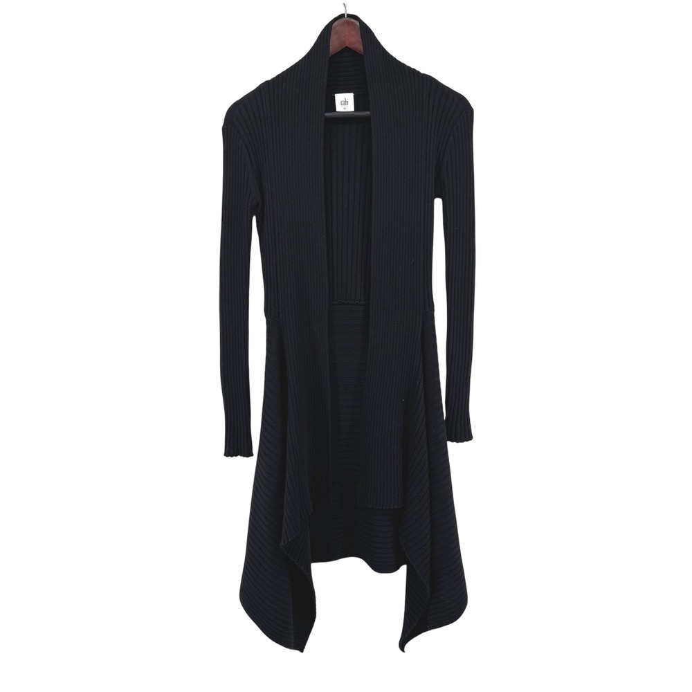 Cabi Cardigan Women XS Black Ribbed Open Front Draped Sweater Quiet Luxury Chic